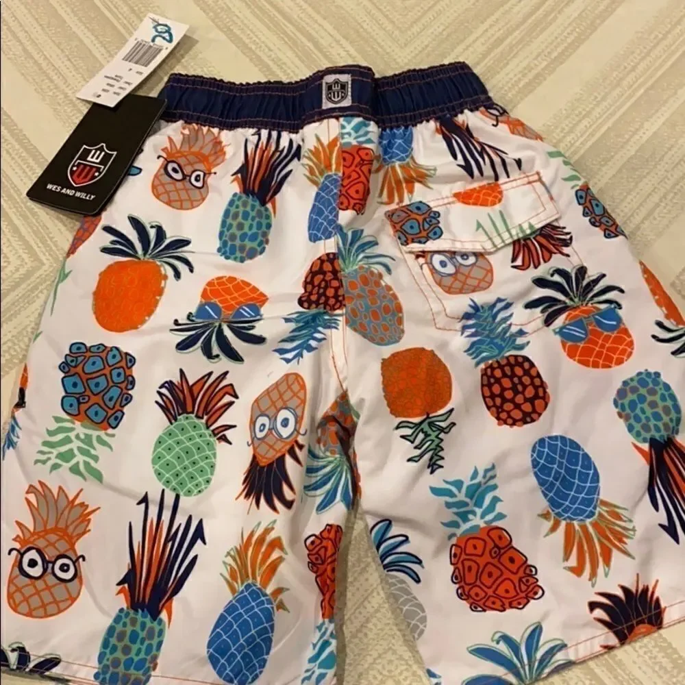 Wes and Willy Boys White Swim Trunks with a Pineapple Pattern, Size 4